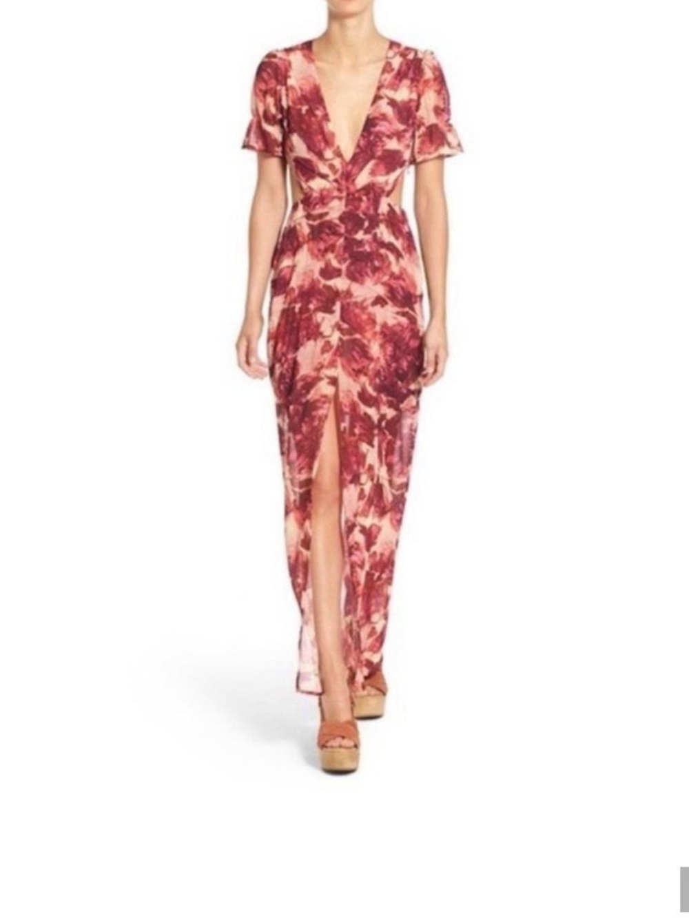 For Love & Lemons Rose Red Floral V-Neck Maxi Dress